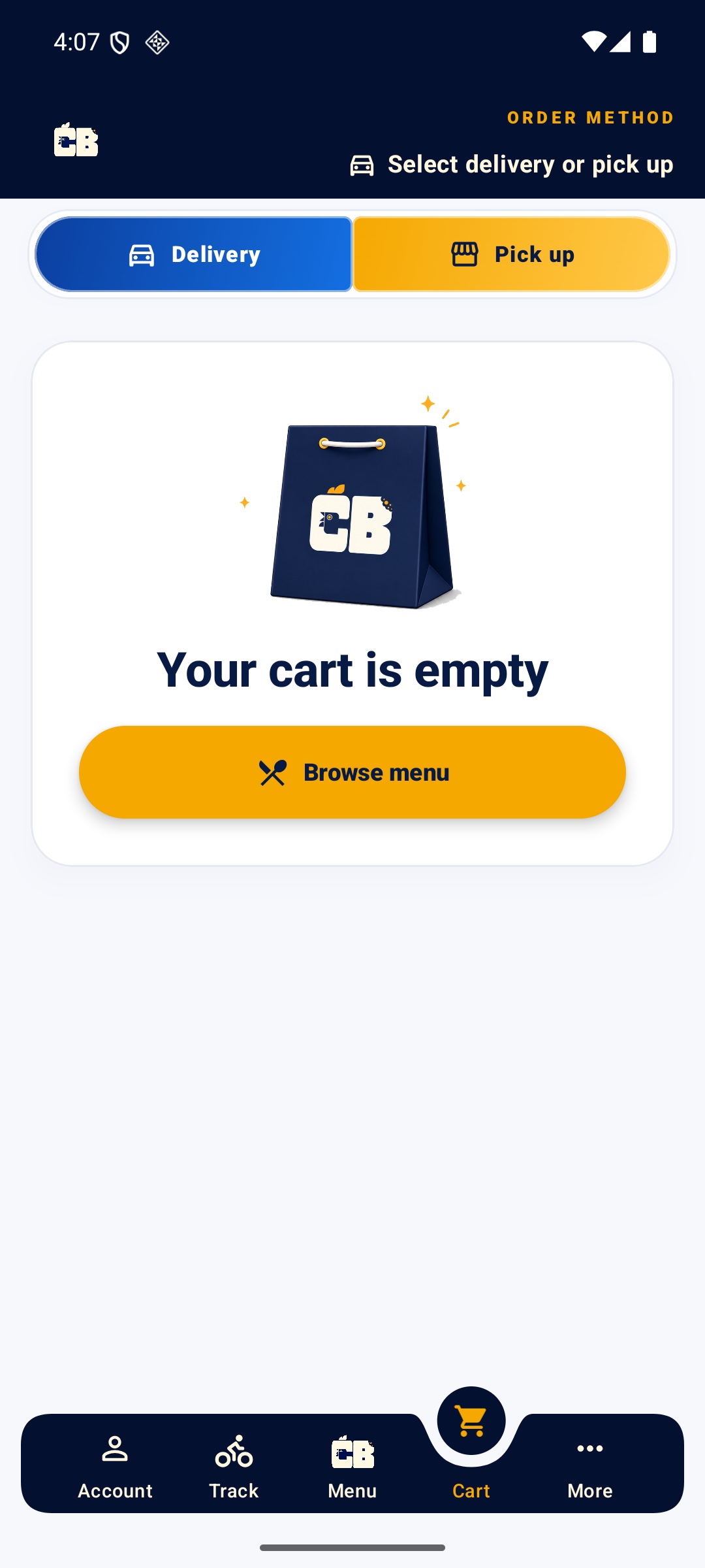 Chicky Bites Android empty cart screen