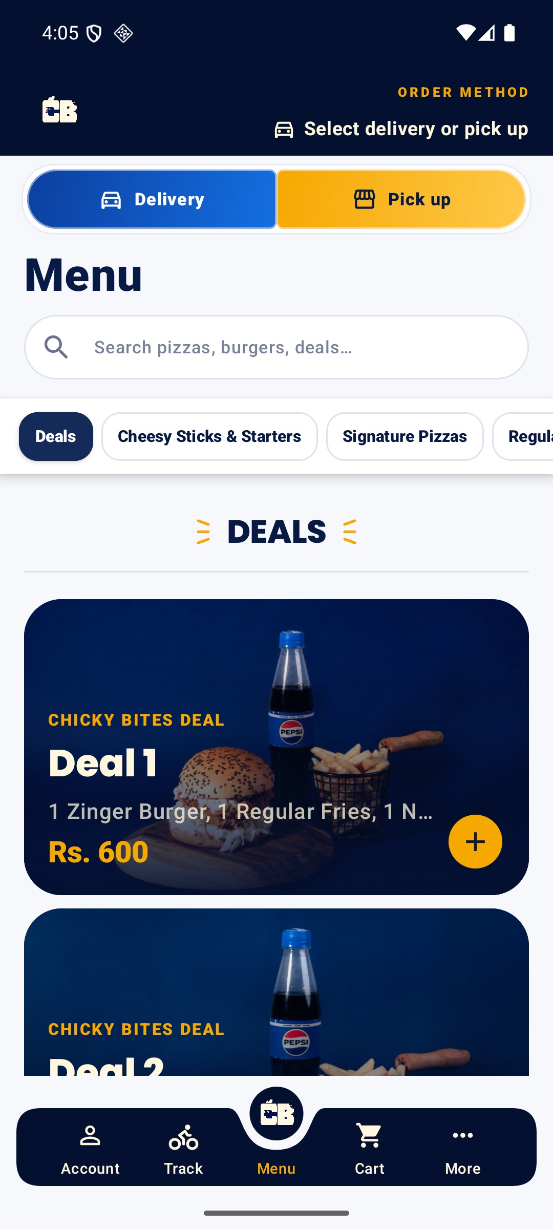 Chicky Bites Android menu showing live restaurant deals