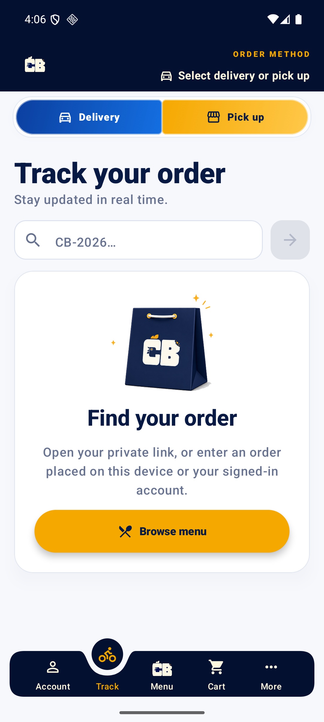 Chicky Bites Android order tracking screen