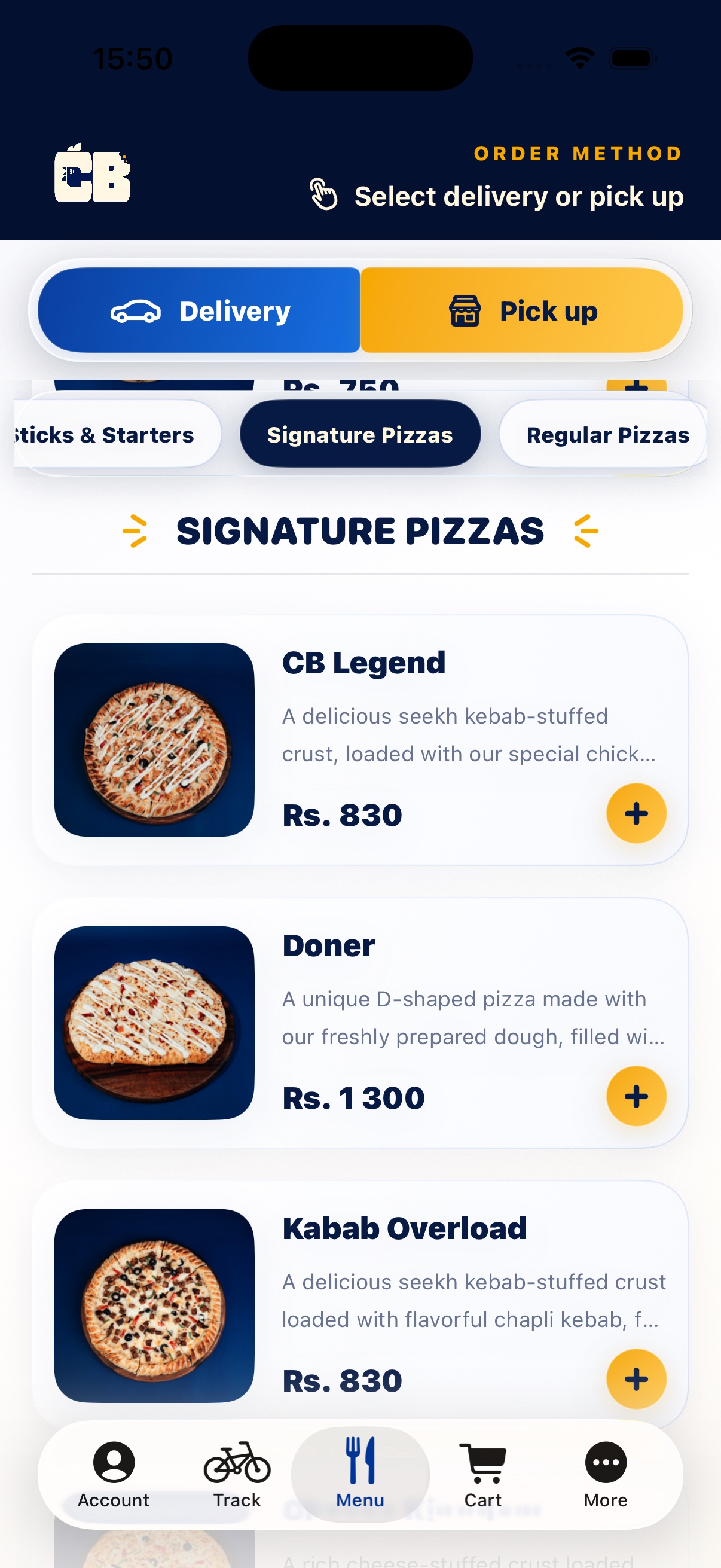 Chicky Bites iOS menu showing the Signature Pizzas category