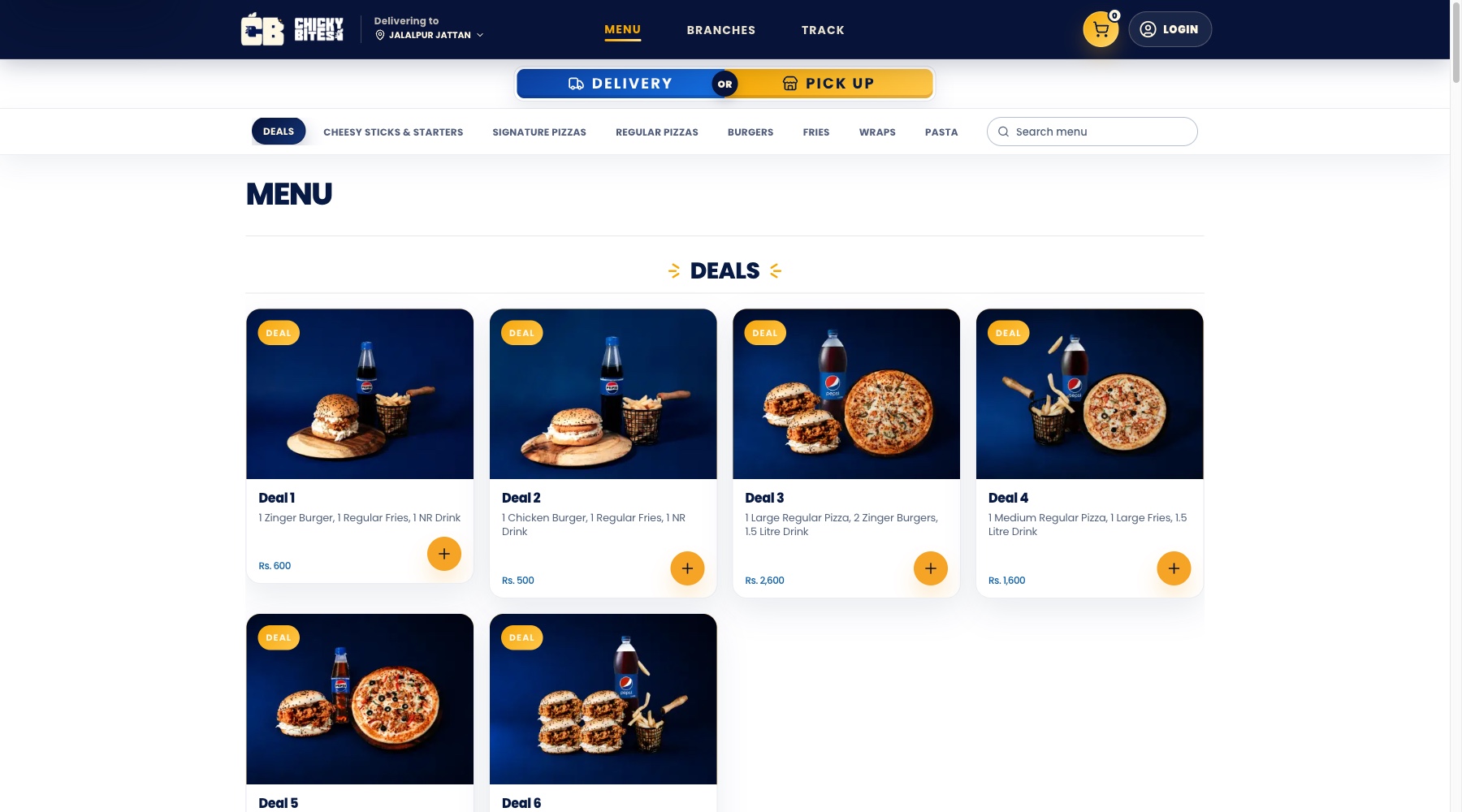 Current Chicky Bites web ordering menu with live restaurant deals