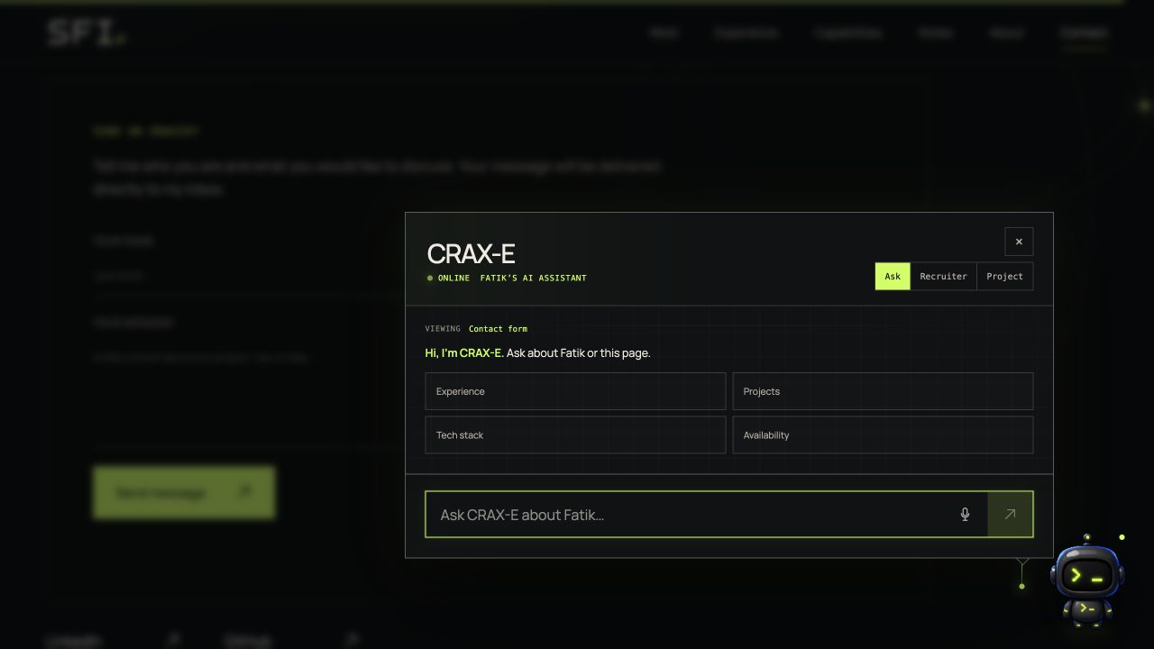 CRAX-E portfolio assistant open in Ask mode