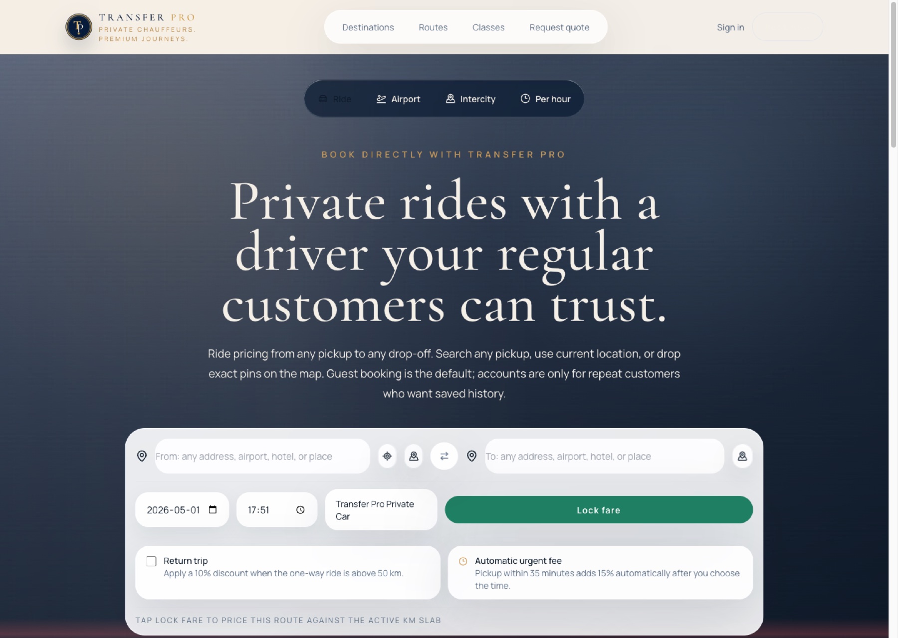 Transfer Pro private transfer booking interface