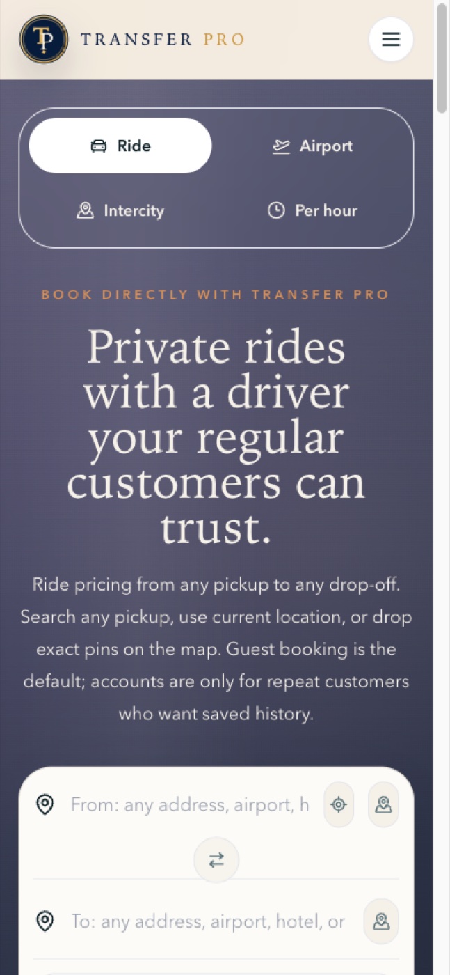 Transfer Pro mobile booking experience